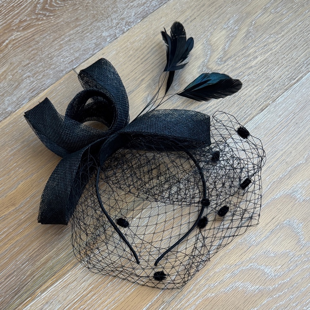Black Fascinator with Veil and Feathers